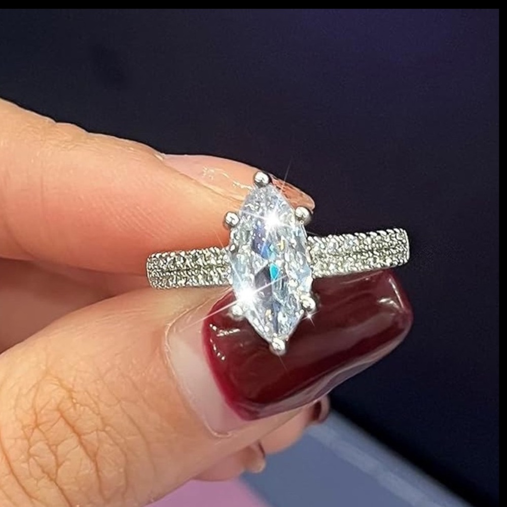 Silver Filled Marquis Cut Cz Solitaire Triple Band Pave Ring